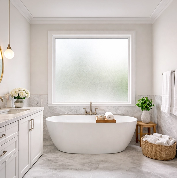 Modern, white bathroom with large window with Privacy-Film from 3M™ FASARA™ Glass Finishes providing diffused natural light and enhanced privacy