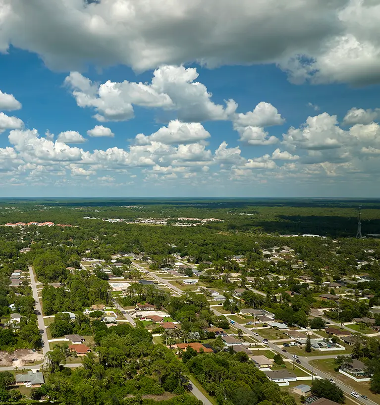 Aerial view of small-town Baldwin Florida suburban residential landscape.