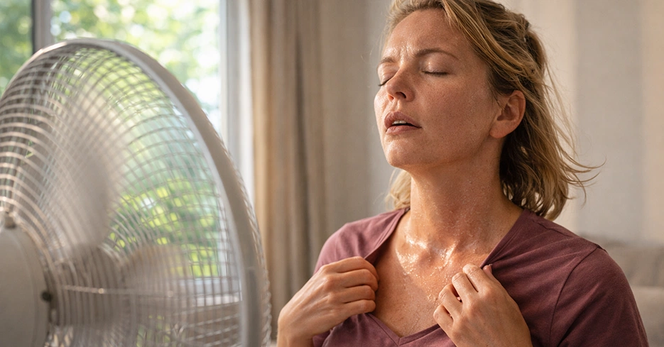 Illustration of a woman, next to her window, with a fan blowing because she needs professional window tinting to help block the heat.