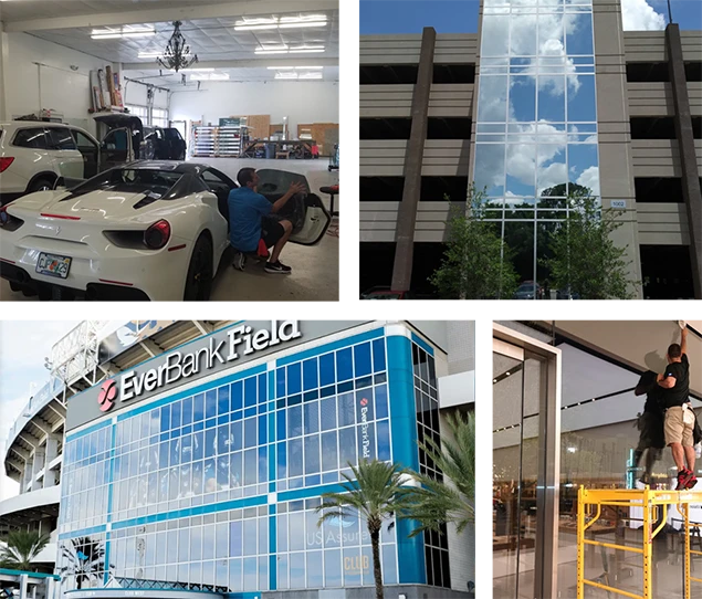 Collage of Advanced Window Tinting projects: a car, parking lot building, EverBank Field, and near a doorway.