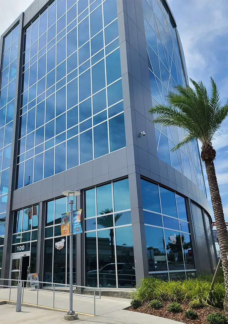 Window tinting on a commercial building.