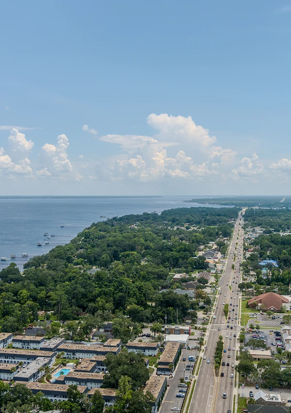 Aerial view of Orange Park, Florida, a town on the coast.